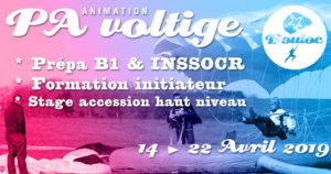 Bannière Facebook pour l'animation PA-Voltige : stage accession haut niveau, init B1, prépa INSSOCR & formation initiateur du 14 au 22 avril 2019