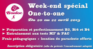 Bannière Facebook pour le week-end spécial One-to-one pour préparer les brevets B2, Bi4, B4 et tests techniques MF & PAC du 20 au 22 avril 2019