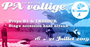 Bannière Facebook pour l'animation PA-Voltige : stage accession haut niveau, initiation B1 et préparation au concours INSSOCR du 16 au 21 juillet 2019
